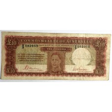 AUSTRALIA 1940 . TEN 10 POUNDS BANKNOTE . SHEEHAN/McFARLANE . FIRST PREFIX V3